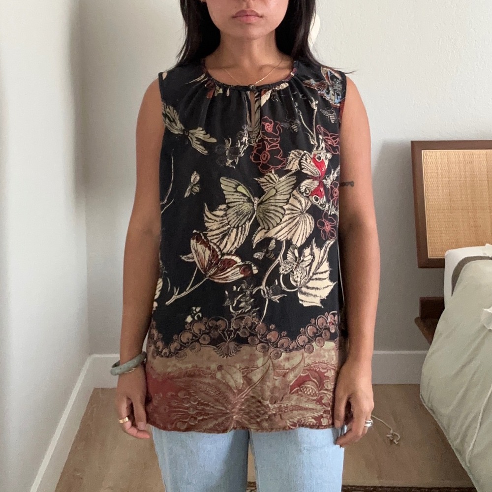 Citron Santa Monica 100% Silk Butterfly Floral Sleeveless Blouse Black XS